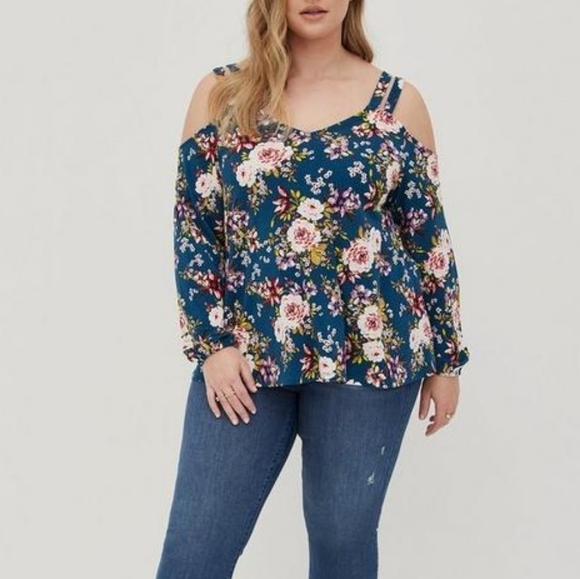 Torrid V-Neck Cut-Out Cold Shoulder Floral Top 3XL Navy - Picture 4 of 12